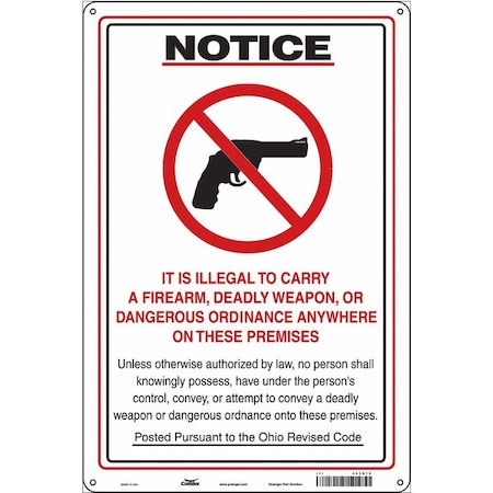 No Concealed Weapons Sign, 18 In H, 12 In W, Polyethylene, Vertical Rectangle, English, 453U15