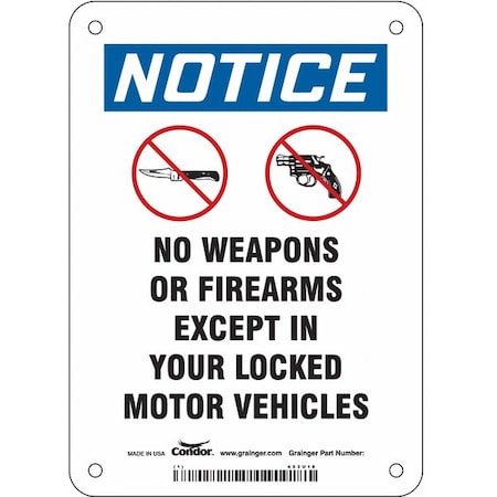 No Concealed Weapons Sign, 7 In H, 5 In W, Polyethylene, Vertical Rectangle, English, 453U18