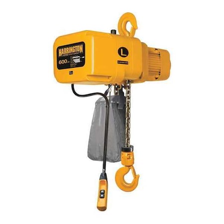 Electric Chain Hoist, 600 Lb, 20 Ft, Hook Mounted - No Trolley, Yellow
