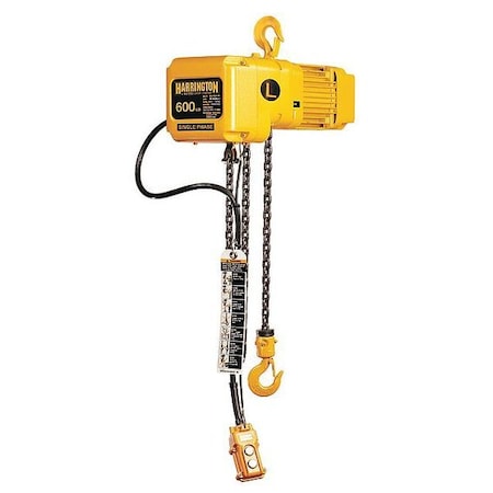 Electric Chain Hoist, 600 Lb, 10 Ft, Hook Mounted - No Trolley, Yellow
