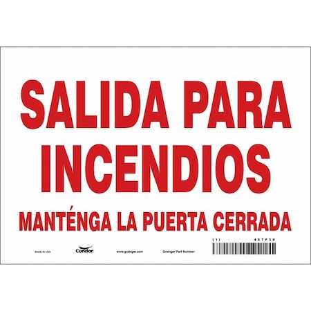 Safety Sign Emergency Exit, 7 In Height, 10 In Width, Vinyl, Vertical Rectangle, Spanish