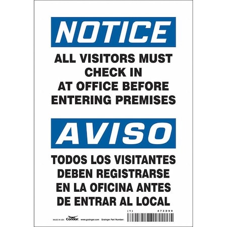 Safety Sign, 10 In Height, 7 In Width, Vinyl, Horizontal Rectangle, English, Spanish, 472D99