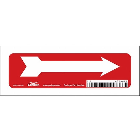 Directional Arrow Sign, No Text, 7 W, 2-1/2 H, Vinyl, Red, White
