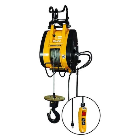 Electric Wire Rope Hoist, 1,000 Lb, 90 Ft, Hook Mounted - No Trolley