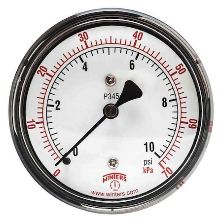 Pressure Gauge, 0 To 10 Psi, 1/4 In MNPT, Steel, Black