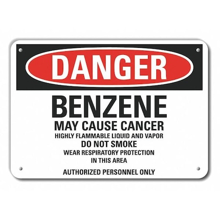 Reflective  Benzene Danger Sign, 10 In Height, 14 In Width, Aluminum, Horizontal Rectangle, English