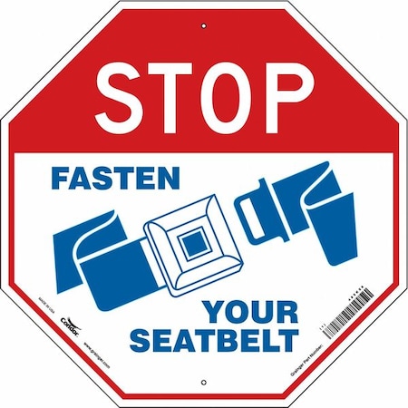 Stop Fasten Seatbelt Sign, 24 W, 24 H, English, Vinyl, Red, White