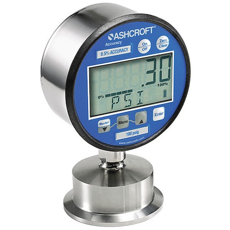Digital Pressure Gauge, -15 To 0 To 200 Psi, 1 1/2 In Triclamp, Silver