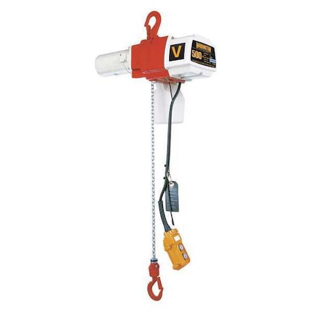 Electric Chain Hoist, 500 Lb, 15 Ft, Hook Mounted - No Trolley, White And Orange