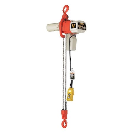 Electric Chain Hoist, 1,000 Lb, 15 Ft, Hook Mounted - No Trolley, White And Orange