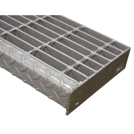 Bar Grating Stair Tread, Galvanized Steel Serrated Surface, 30 In W, 8 9/16 In D, Checker Plate
