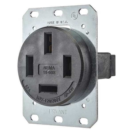 Receptacle, 60 A Amps, 120/208V AC, Flush Mount, Single Outlet, 18-60R, Black