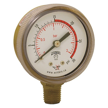 Pressure Gauge, 0 To 30 Psi, 1/4 In MNPT, Brass