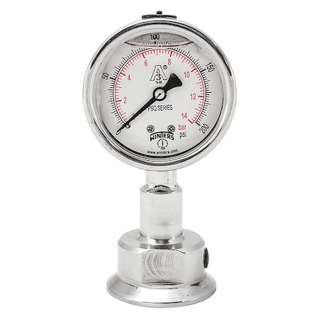 Pressure Gauge, 0 To 200 Psi, 1 1/2 In Triclamp, Silver