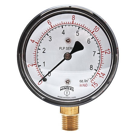 Pressure Gauge, 0 To 15 In Wc, 1/4 In MNPT, Black