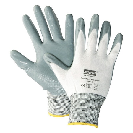 Nitrile Coated Gloves, Palm Coverage, White/Gray, 9, PR