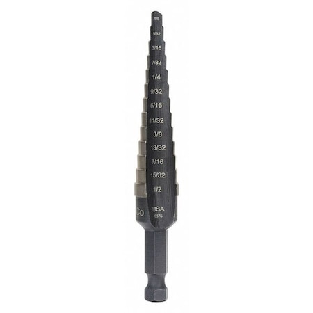 Step Drill Bit, 13 Hole Sizes, 1/8 In To 1/2 In, 1/32 In Step Increments, Black Oxide Finish