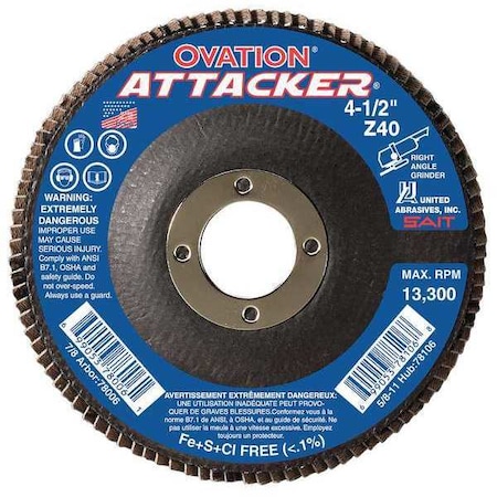 SAIT 76206 Ovation® Attacker High Density Fiberglass Backed Flap Disc  (Type 27) 4-1/2 X 7/8, 40 Grit