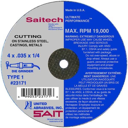 SAIT 23152 Saitech Ultimate Performance™ Thin High Speed Cut-Off Wheels 3 X .035 X 1/4, 1-Pack