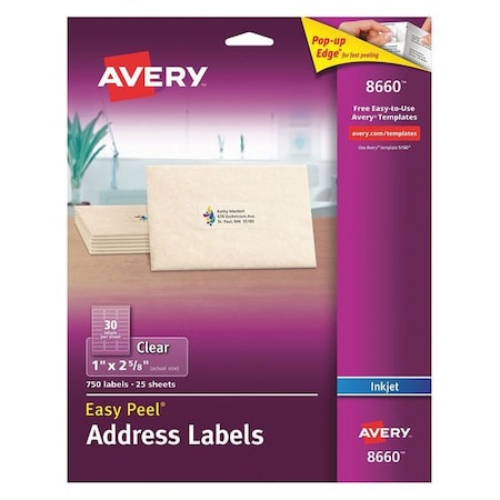 Avery® Clear Easy Peel® Address Labels For Inkjet Printers 8660, 1 X 2-5/8, 750 Labels