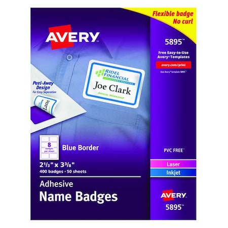 Avery® White Adhesive Name Badges With Blue Border 5895, 2-1/3 X 3-3/8, Box Of 400