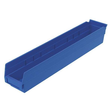 Shelf Storage Bin, Blue, Plastic, 23 5/8 In L X 4 1/8 In W X 4 In H, 20 Lb Load Capacity
