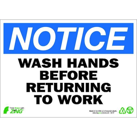 NOTICE Sign,Wash Hands,10X14,Plastic, 2137