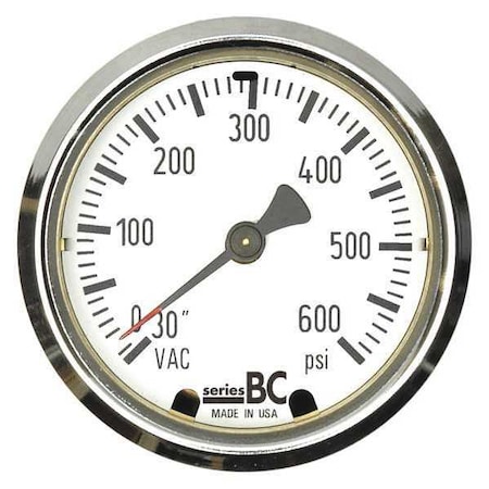 Compound Gauge, -30 To 0 To 600 Psi, 1/4 In MNPT, Stainless Steel, Black