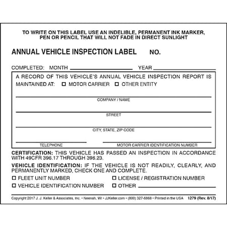Vehicle Inspection Decal, Carbonless, 2 Plies, Vinyl, 10 Pack