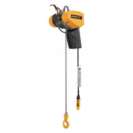Electric Chain Hoist, 1,000 Lb, 10 Ft, Hook Mounted - No Trolley, Yellow