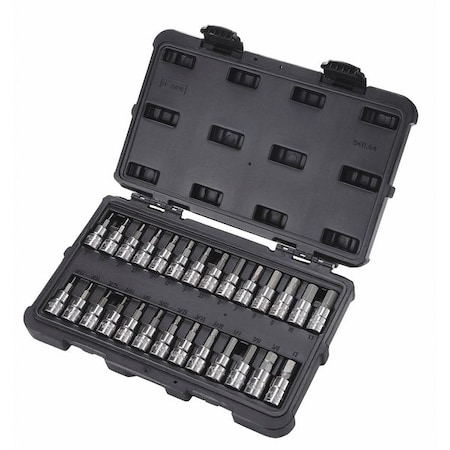 Bit Socket Set: 3/8 In Drive Size, 1 27/32 In Length, Metric/SAE, Alloy Steel, 27-Piece, Case