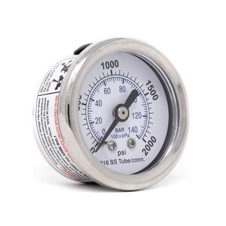 Pressure Gauge, 0 To 2000 Psi, 1/8 In MNPT, Silver