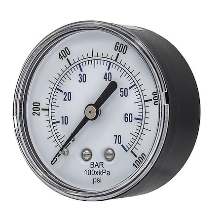 Pressure Gauge, 0 To 1000 Psi, 1/4 In MNPT, Black