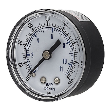 Pressure Gauge, 0 To 160 Psi, 1/4 In BSPT, Black