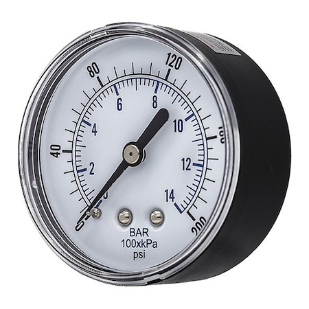 Pressure Gauge, 0 To 200 Psi, 1/4 In BSPT, Black