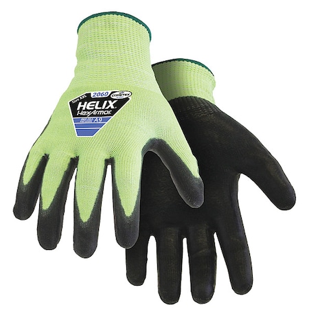 Hi-Vis Cut Resistant Coated Gloves, A9 Cut Level, Polyurethane, L, 1 PR