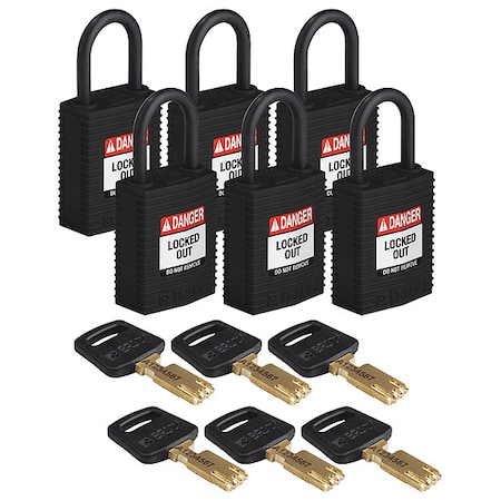 Lockout Padlock,Nylon,1/4 W,Blk,PK6