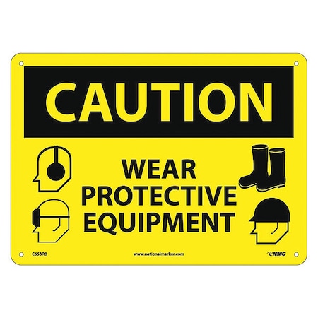 Caution Wear Protective Equipment Sign, 10 In Height, 14 In Width, Rigid Plastic