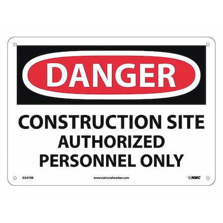 Danger Construction Site Sign, 10 In Height, 14 In Width, Rigid Plastic