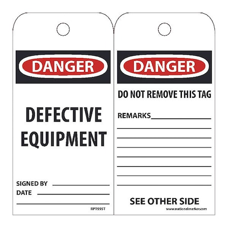 Danger Defective Equipment Tag, Pk25