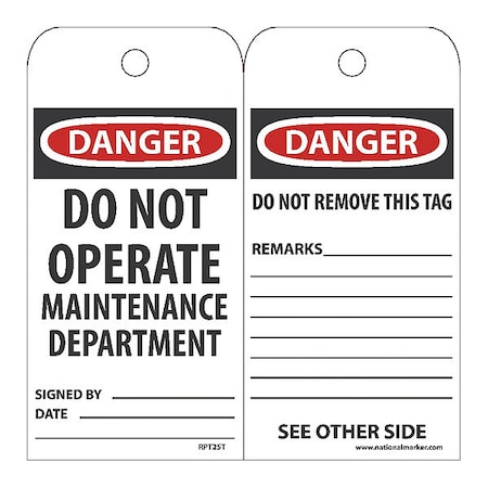 Danger Do Not Operate Maintenance Department Tag, Pk25