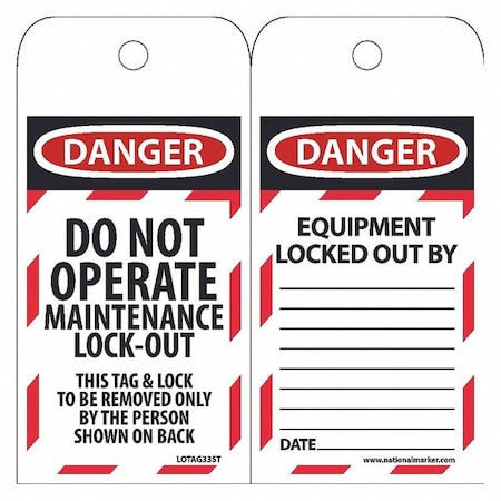 Danger Do Not Operate Maintenance Lock-Out Tag, Pk25