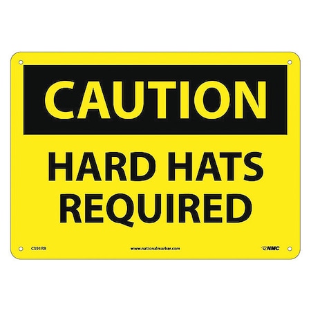 Caution Hard Hats Required Sign, 10 In Height, 14 In Width, Rigid Plastic