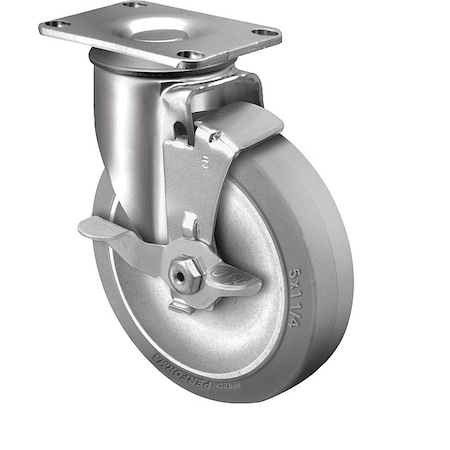 4 X 1-1/4 Non-Marking Rubber Performa (Flat) Swivel Caster, Side Brake, Loads Up To 300 Lb