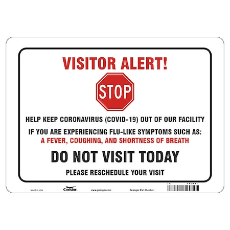 Covid 19 Sign 10X14, Visitor Alert Cv19,, 10 In Height, 14 In Width, Polystyrene, English
