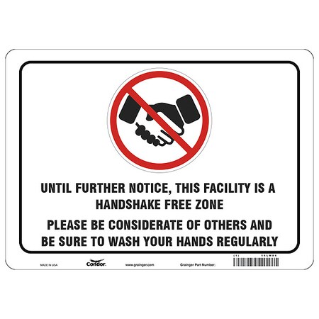 Handshake Free Zone Sign, 14 W X 10 H, English, Aluminum, White