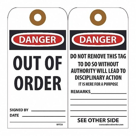 Danger Out Of Order Tag, Pk25