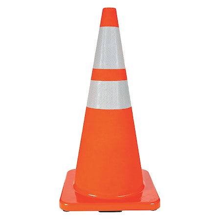 Traffic Cone, Standard Shape, PVC, 28 In H, Orange, 2 Reflective Stripes, Orange Base