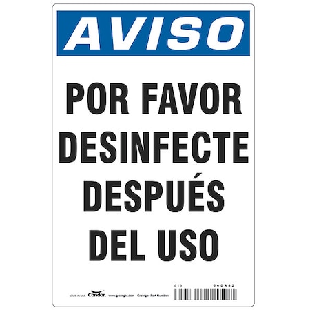 Spanish Por Favor Desinfecte Sign, 14 In Height, 10 In Width, Polyester, Rectangle, Spanish