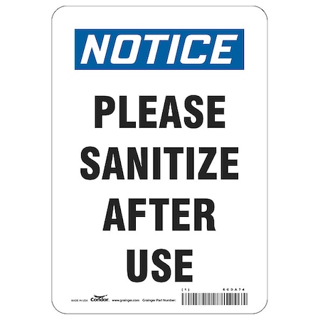 Please Sanitize After Use Sign, 7 W X 10 H, English, Polystyrene